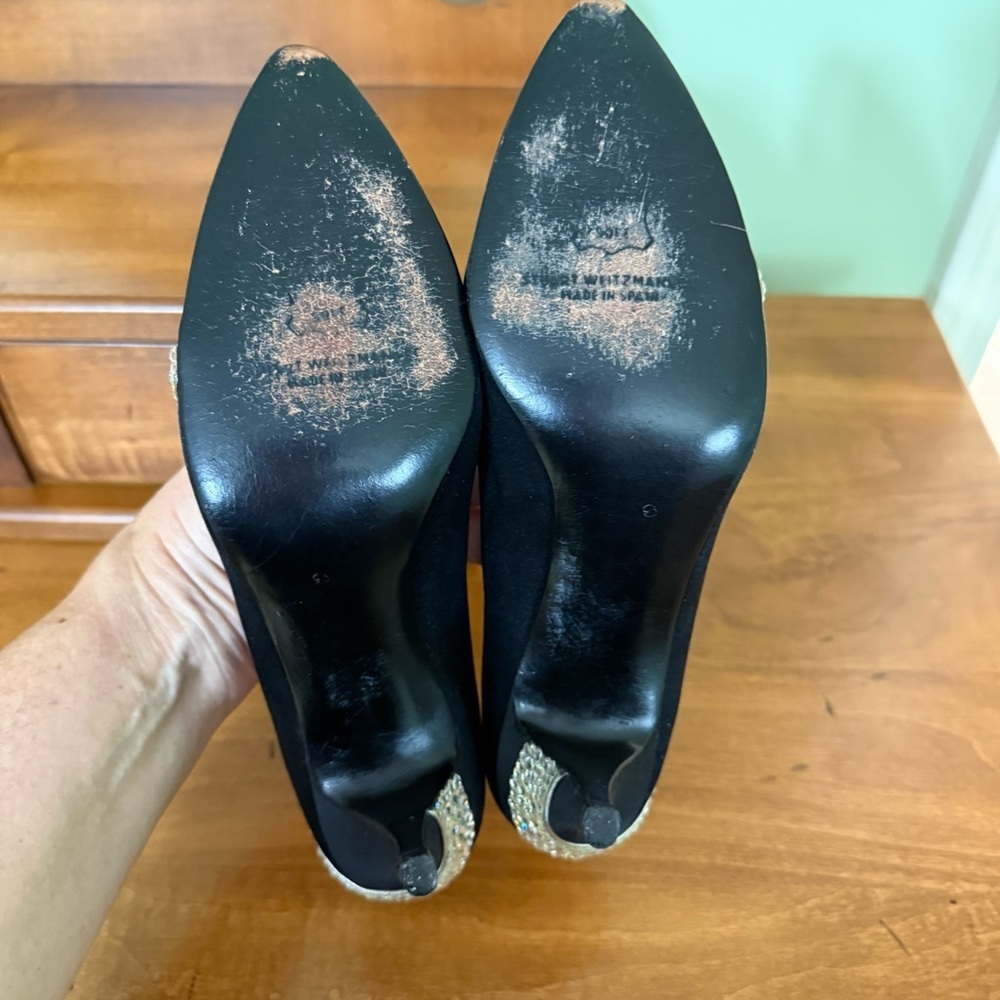 Stuart Weitzman Black Heels  pump rhinestones bling satin formal woman 8 shoe - Picture 10 of 11
